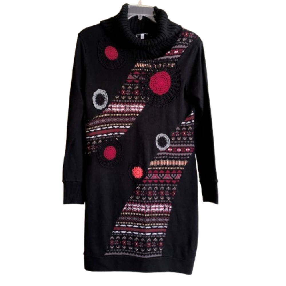 Vintage Linea Domani Sweater Dress Black Cowl Neck Colorful Appliques Wool Large